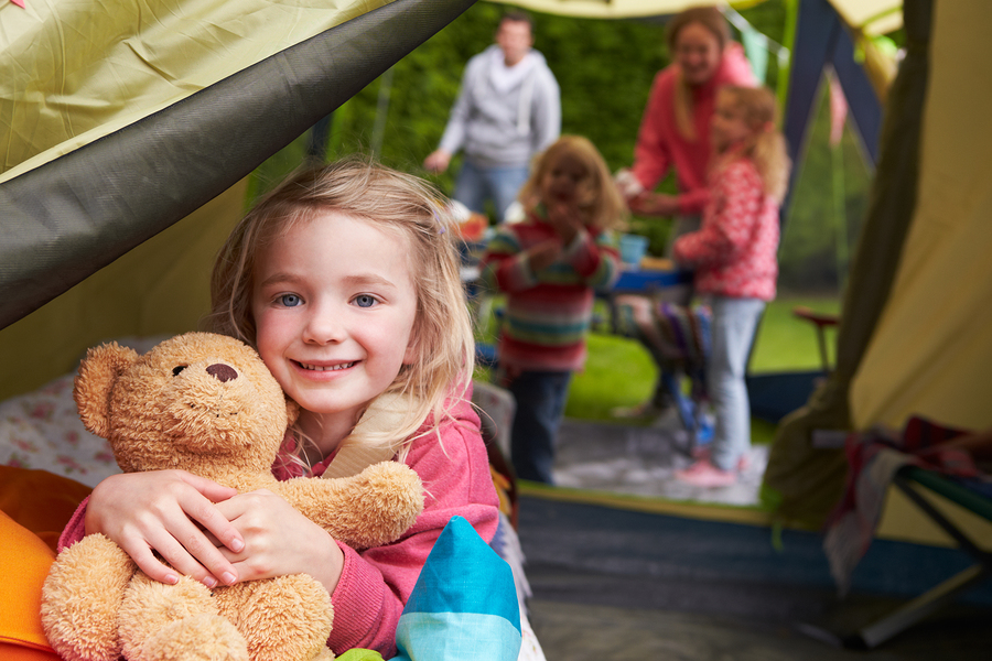 Girl With Teddy Bear Camping